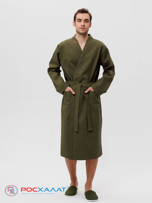 Мужской вафельный халат с планкой хаки В-03 (26)