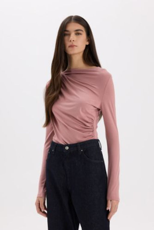 Slim Fit Dar Kesim Kay?k Yaka Basic Duz Uzun Kollu Bluz
