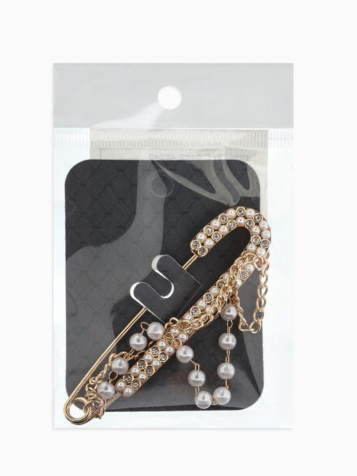 Булавка «Шик цепочки и жемчуга», в стразах, L=7.5 см, белая в золоте