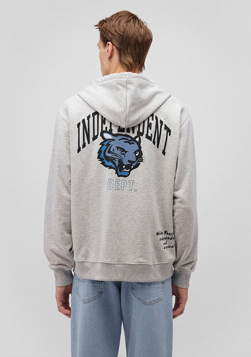 S?rt Bask?l? Kapusonlu Gri Sweatshirt - Mavi фото 4