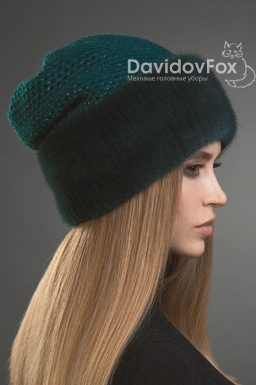 Шапка Камелия норка трикотаж изумруд