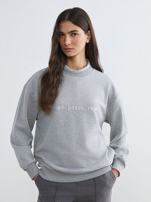 Bisiklet Yaka Bask?l? Kad?n Sweatshirt