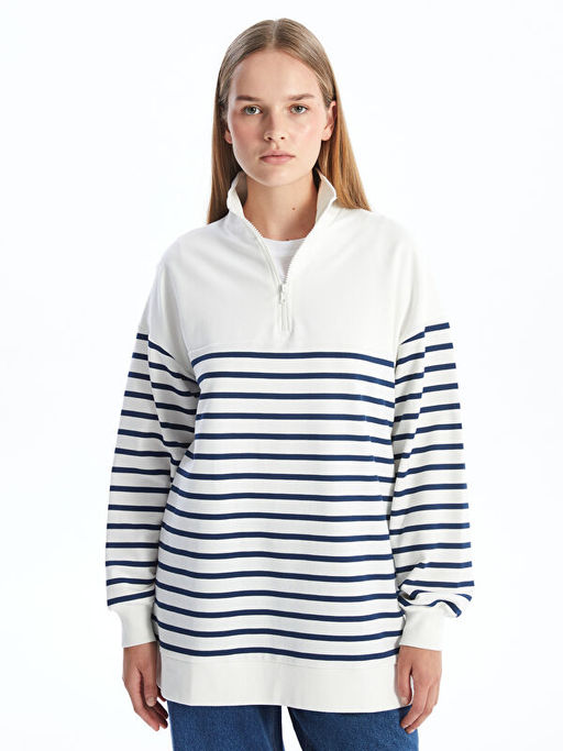 Dik Yaka ?izgili Kad?n Sweatshirt Tunik