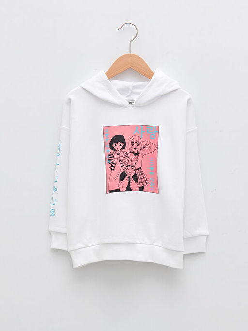 Kap??onlu Bask?l? Uzun Kollu K?z ?ocuk Sweatshirt