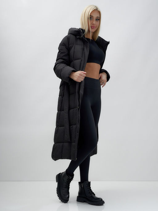 Пальто утепленное стеганное зимнее с капюшоном женское черного цвета 9609Ch - Mtforce фото 16