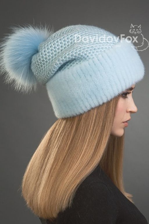 Шапка Оливия норка трикотаж голубая