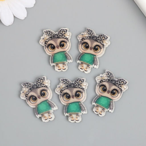 Цена за 5 шт. Декор для творчества акрил «Совушка в зелёном платье в бандане», 2.5×3.4 см