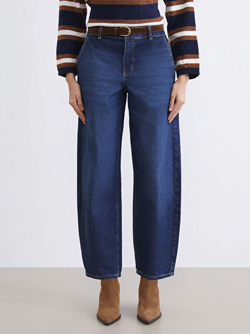 Beli Kemerli Barrel Fit Kad?n Jean Pantolon