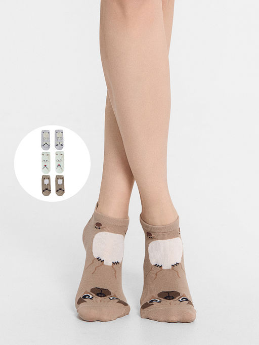 Носки детские (3 пары) бежевые с рисунком в виде собачек