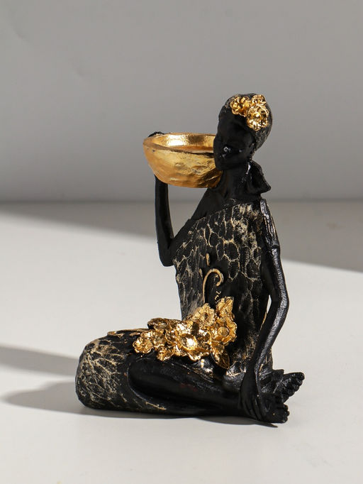 Фигурка - подсвечник на 1 свечу «Африканка в чёрном платье с цветами с золотом», полистоун, d=4.5 см, 11×13×16 см