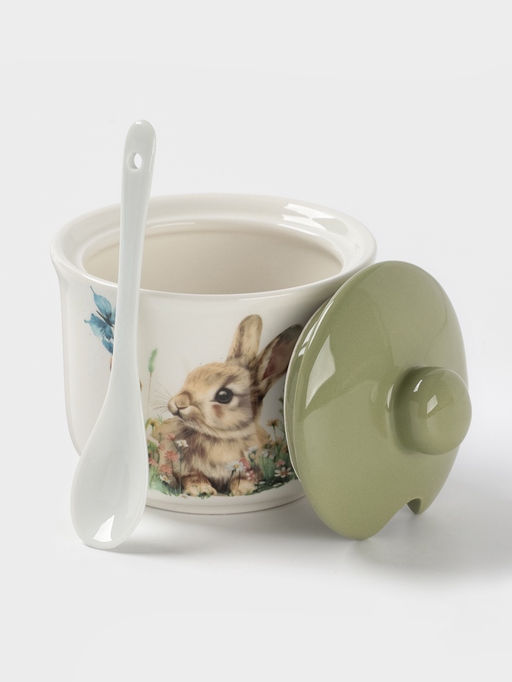 Сахарница с ложкой Доляна «Зайка», доломит, 10×9 см, 300 мл, белая