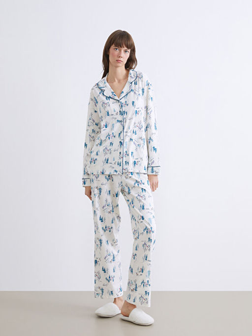 G?mlek Yaka Y?lba?? Temal? Kad?n Pijama Tak?m?