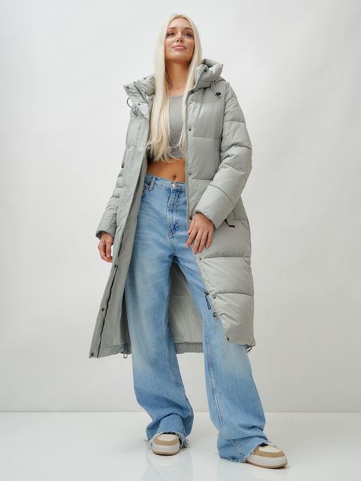 Пальто утепленное стеганное зимнее с капюшоном женское зеленого цвета 9608Z