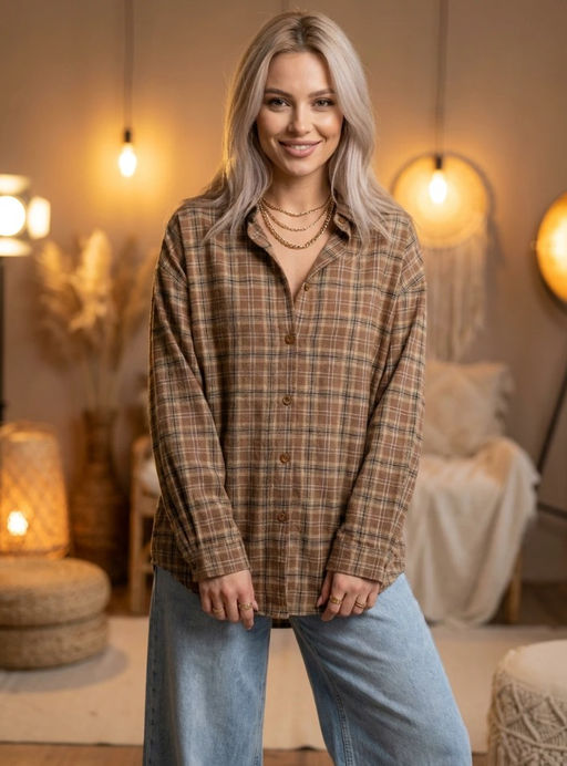 K13513 Рубашка с вышивкой OVER SIZE (хлопок) БЕЖЕВЫЙ