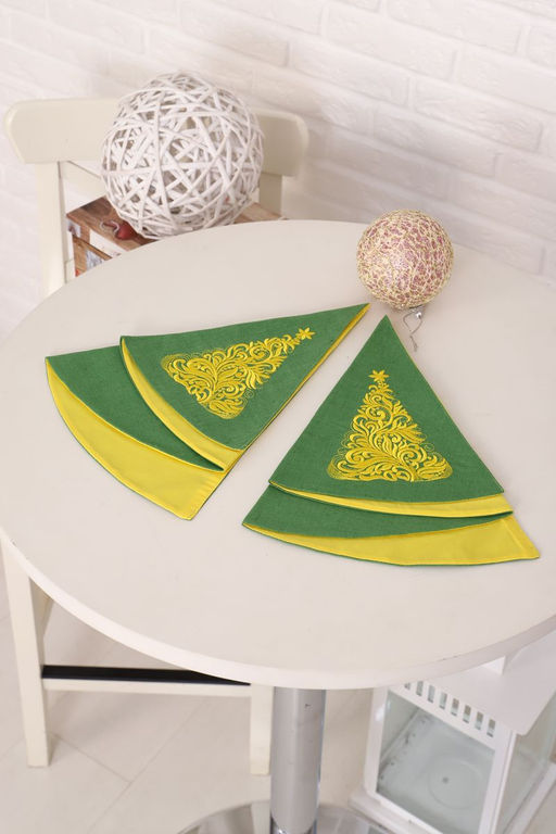 Салфетка сувенирная полукруглая с вышивкой, лен 100 % (Елочка, зеленый) - Ивановотекстиль фото 2