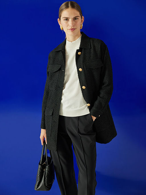 G?mlek Yaka Desenli Kad?n T?vit Blazer Ceket