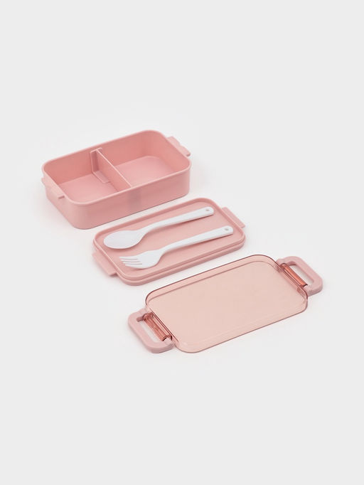 Ланч-бокс, 2 отделения, 2 яруса, с вилкой и ложкой, бутылкой 500мл,20х17х5,5 см,цвет розовый   10949