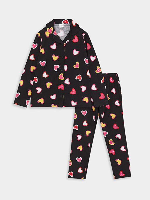 G?mlek Yaka Desenli Uzun Kollu K?z ?ocuk Pijama Tak?m?