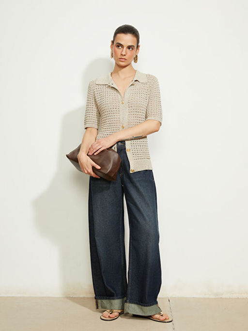 Polo Yaka Ajurlu Kad?n Triko Yelek