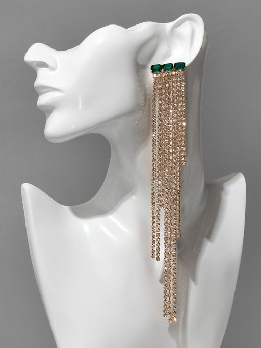 Серьги висячие со стразами «Мулен Руж» водопад, цвет бело-зелёный в золоте, 19 см