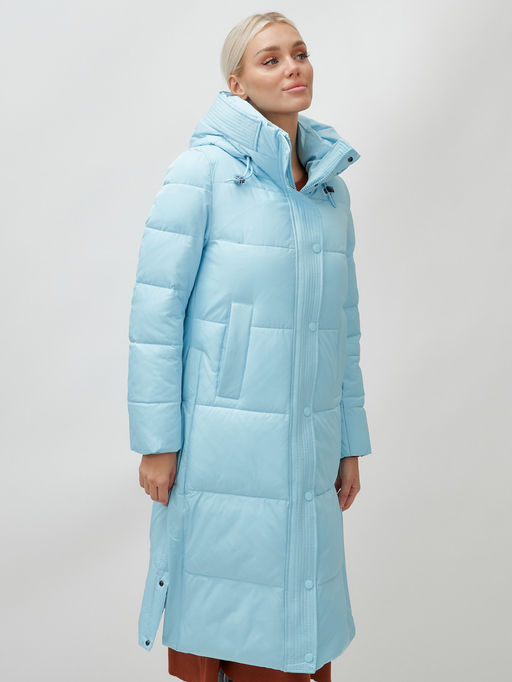 Пальто утепленное стеганное зимнее с капюшоном женское голубого цвета 9601Gl