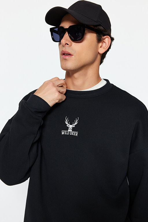 Siyah Oversize/Geni_ Kesim Uzun Kol Hayvan Nak__l_ Sweatshirt TMNAW24SW00169 - Trendyolmilla фото 2