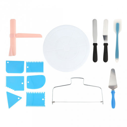 Кондитерский набор 13 предметов Декоратор: поворотный столик для торта д27,5см, h6,5см, пластик; шпатель спатула металл/пластик - 2шт: прямой 27,3см, угловой 27см; шпатель-угол пластик 23х20см; декоративный шпатель пластик - 6шт; лопатка силикон 27 - Домашняя мода фото 2