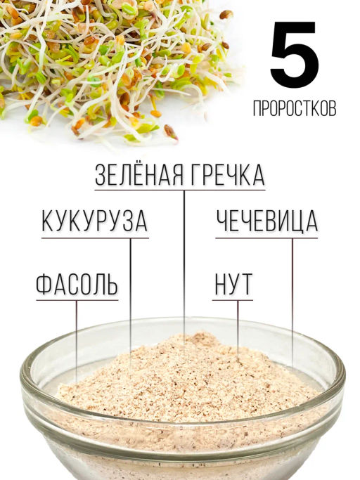 Смесь из ПЯТИ видов проростков БЕЗ ГЛЮТЕНА 150г (зеленая гречка, чечевица, нут, кукуруза, фасоль) (5