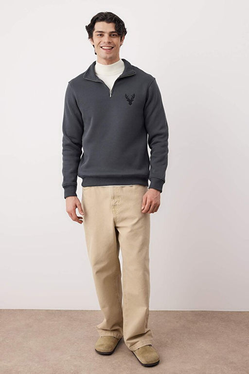 Antrasit Regular/Normal Kesim Dik Yaka Fermuarl_ Pamuklu Geyik Nak__ Sweatshirt TMNAW24SW00041 - Trendyolmilla фото 2