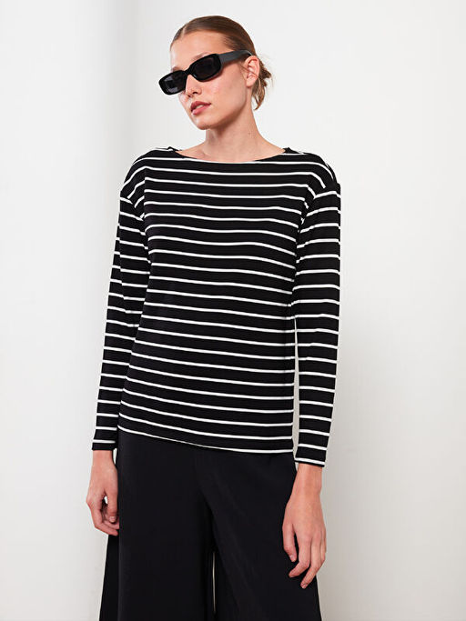 Bisiklet Yaka ?izgili Uzun Kollu Kad?n Ti??rt