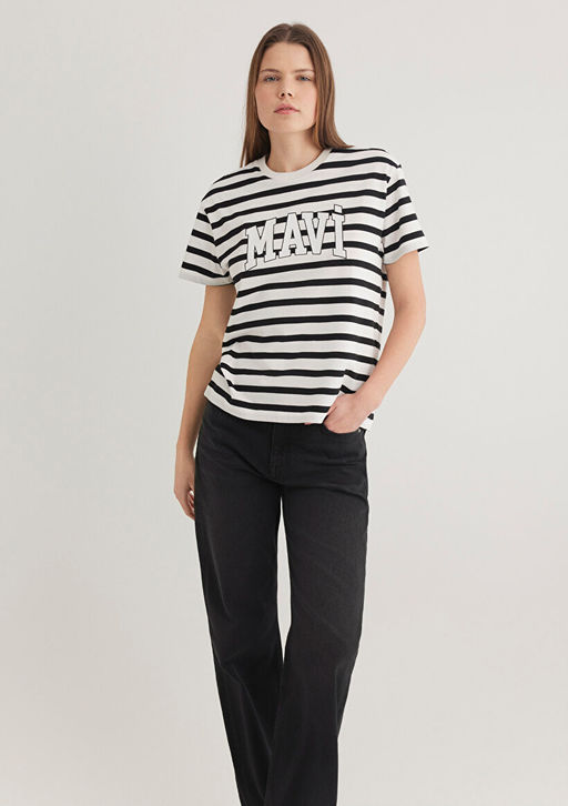 Mavi Logo Bask?l? Siyah Cizgili Tisort  фото 3