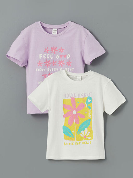 Bisiklet Yaka ?i?ekli K?z ?ocuk Ti??rt 2li