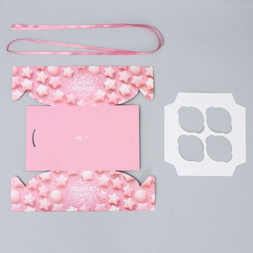 Цена за 5 шт. Коробка для капкейка, кондитерская упаковка, 4 ячейки «Сладкие моменты», 16 х 16 х 10 см