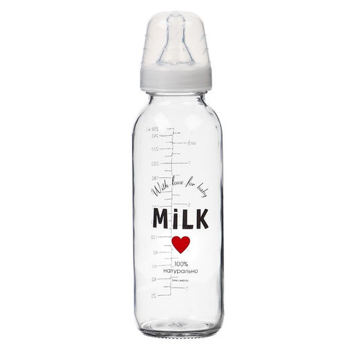 Бутылочка для кормления M&B Milk, классическое горло, от 3 мес., 250 мл., стеклянная