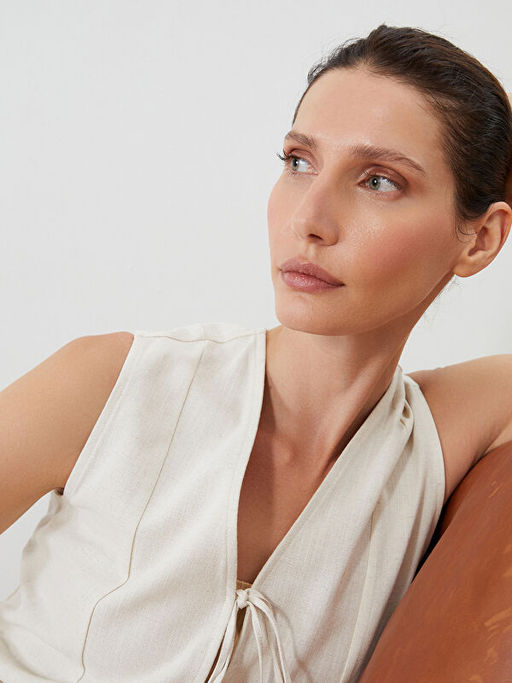 V Yaka Ba?lamal? Keten Kar???ml? Bluz