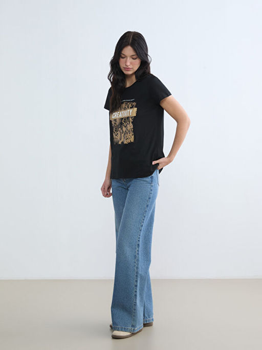 Bisiklet Yaka Bask?l? Kad?n Ti??rt