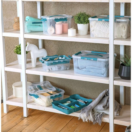 Ящик для хранения универсальный GRAND BOX, 6.65 л, голубой, с замками и вставкой - органайзером