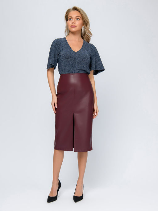 Блуза синего цвета с V-образным вырезом и широкими рукавами - 1001dress фото 2