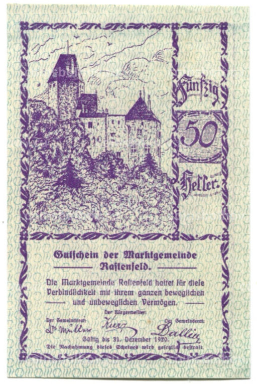 50 геллеров 1920 года Австрия Растенфельд (нотгельд)