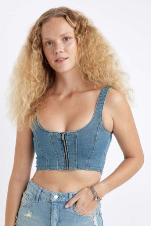 Kal?n Ask?l? Fermuarl? Crop Korse Jean Bluz
