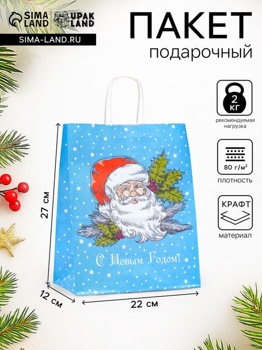 Цена за 5 шт. Пакет бумажный подарочный новогодний крафт Дедушка мороз 22?12?27 см