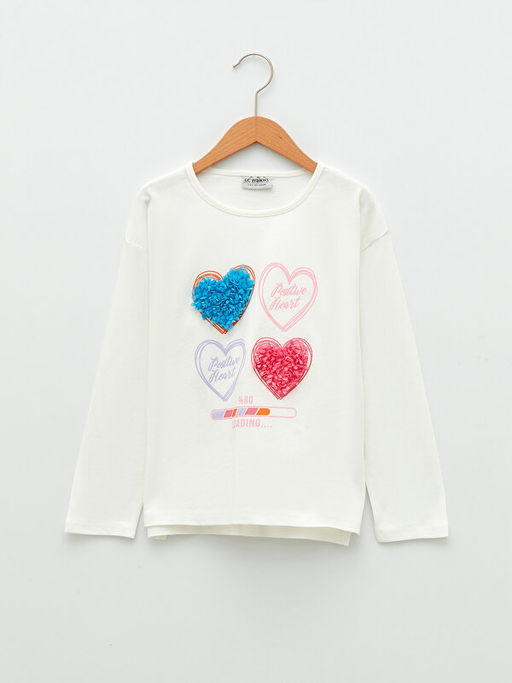 Bisiklet Yaka Bask?l? Uzun Kollu Pamuklu K?z ?ocuk Ti??rt