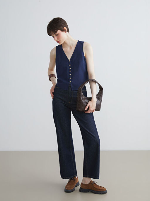 V Yaka Keten Kar???ml? Kad?n Klasik Yelek