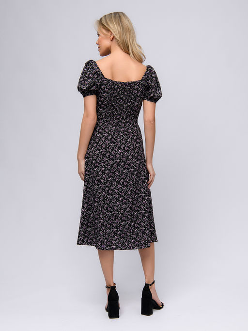 Платье черного цвета с принтом длины миди со сборкой на лифе и короткими рукавами - 1001dress фото 3