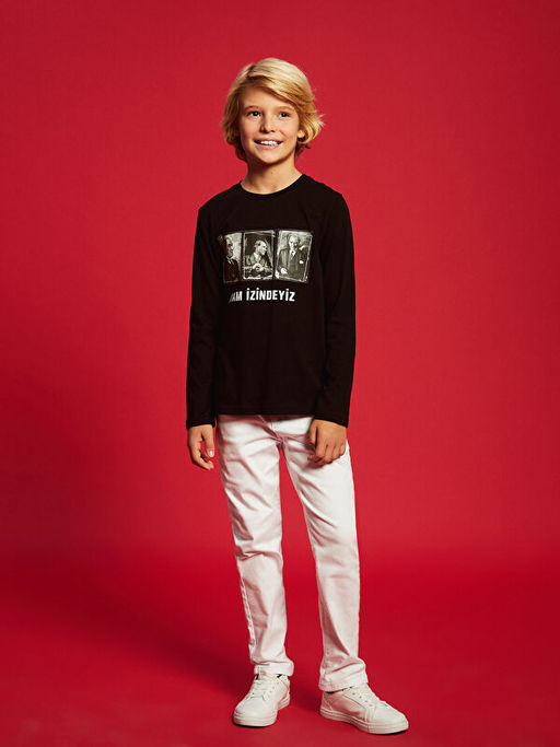 Bisiklet Yaka Atat?rk Bask?l? Uzun Kollu Erkek ?ocuk Ti??rt - Waikiki фото 6