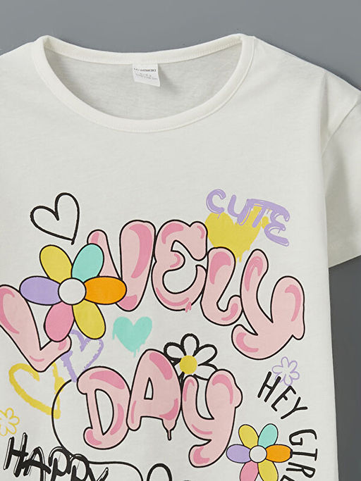 Bisiklet Yaka Bask?l? K?z ?ocuk Ti??rt