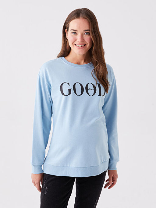 Bisiklet Yaka Bask?l? Uzun Kollu Hamile Sweatshirt