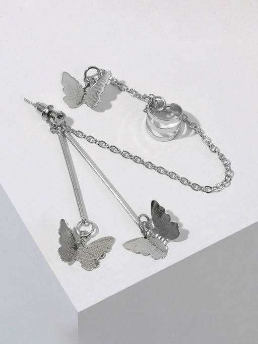 Серьга «Кафф» бабочка, цвет серебро