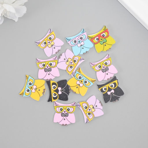 Цена за 2 шт. Пуговицы дерево для творчества 2 прокола «Филин в очках», набор 12 шт., 2×2.3 см