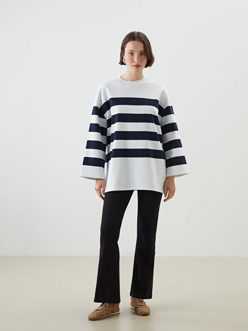 Bisiklet Yaka ?izgili Oversize Kad?n Sweatshirt Tunik
